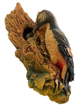 Vintage 1968 Bossons Chalkware Woodpecker and Chicks 3D Wall Plaque Art 13"